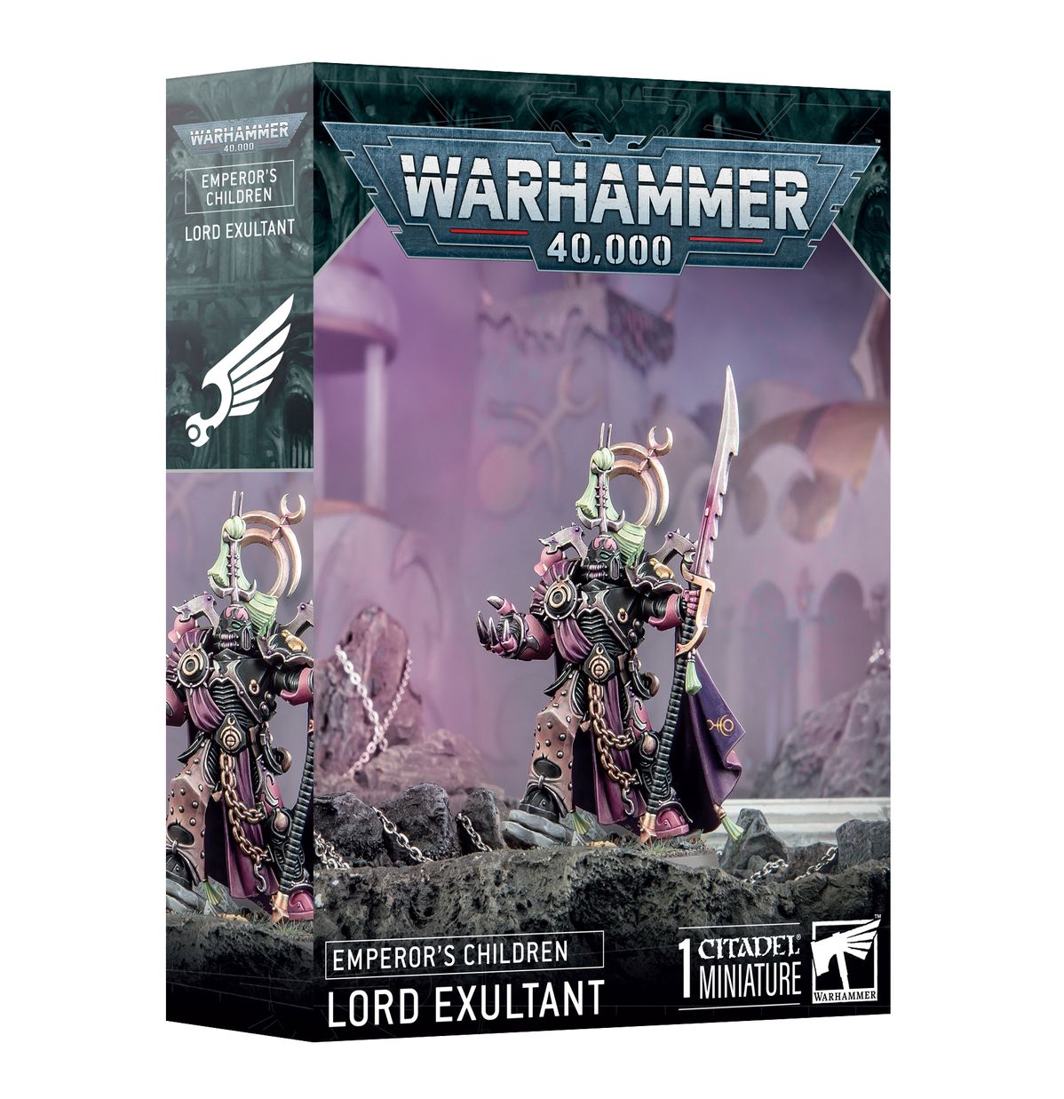 Warhammer 40,000 Emperor's Children Lord Exultant miniature box packaging.