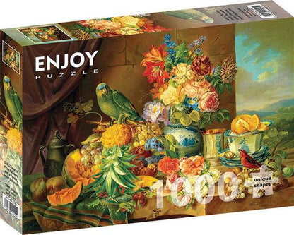Schuster: Still Life with Fruit Flowers and Parrot - 1000 Pieces