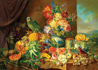 Schuster: Still Life with Fruit Flowers and Parrot - 1000 Pieces